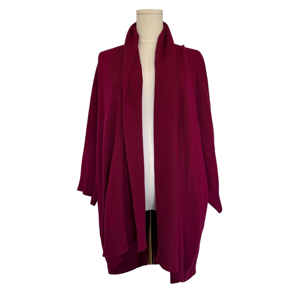 Eskandar Silk Cashmere Ribbed Open Cardigan OS Magenta Raspberry Drape Sweater